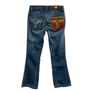 Antik Denim Blue Boot Cut Jeans With Embroidered Pockets